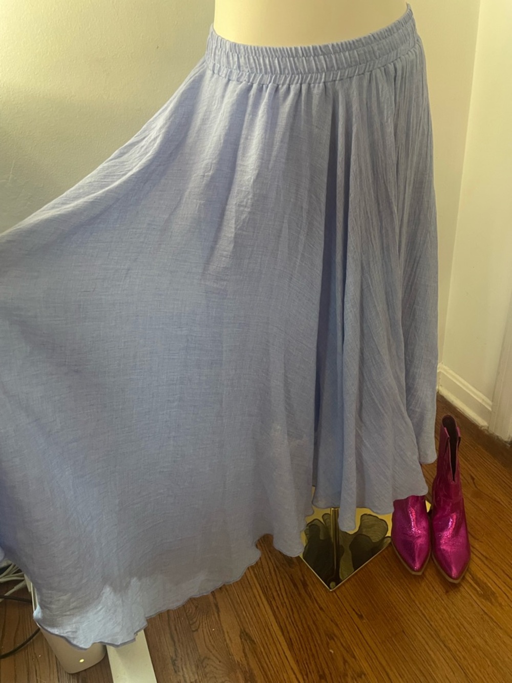 90s Y2K 100% Cotton Light Blue Maxi Prairie Skirt with Elastic Waist